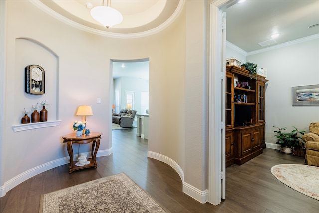 corridor featuring crown molding and dark wood-type flooring