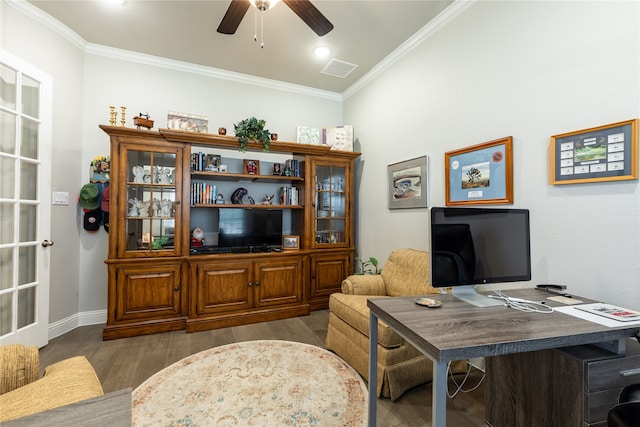 office with ceiling fan, crown molding, and dark hardwood / wood-style flooring