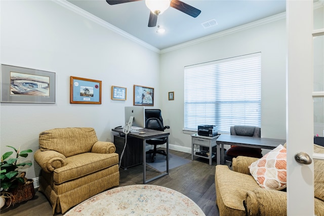 home office with crown molding, dark hardwood / wood-style flooring, and ceiling fan