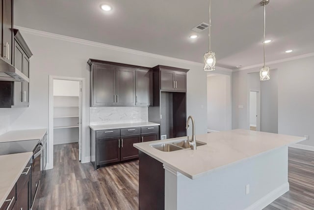 kitchen with a center island with sink, sink, pendant lighting, and dark wood-type flooring