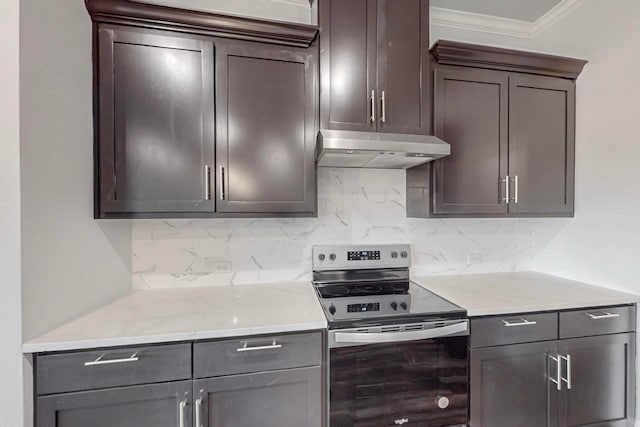 kitchen featuring ornamental molding, dark brown cabinets, stainless steel electric range, and tasteful backsplash