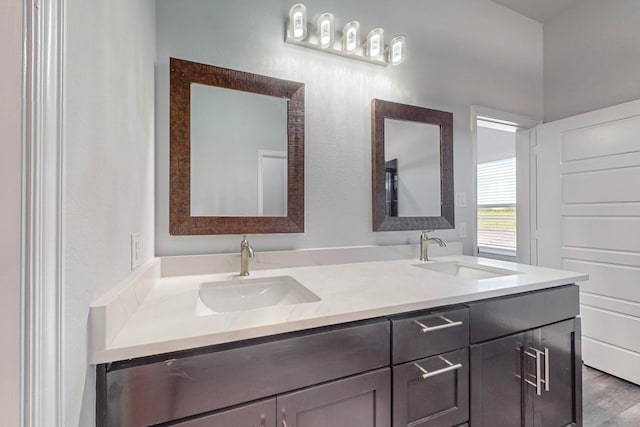 bathroom with hardwood / wood-style flooring and vanity