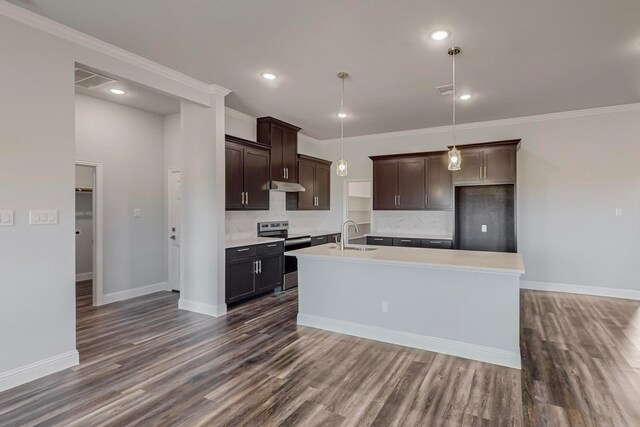 kitchen featuring hanging light fixtures, dark hardwood / wood-style flooring, and stainless steel electric range