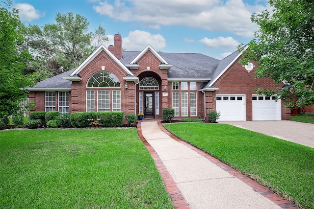 view of front facade with a front yard and a garage