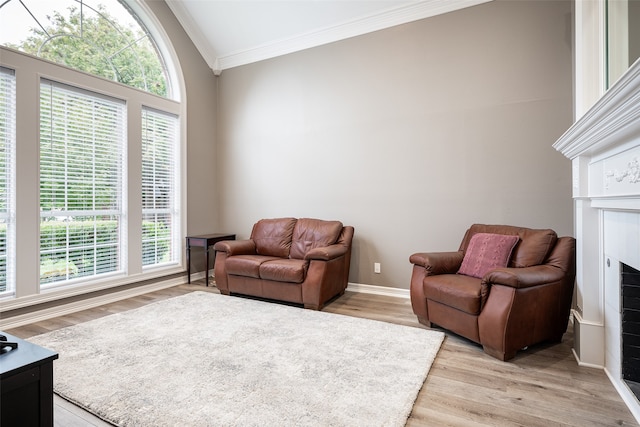 living room featuring ornamental molding, vaulted ceiling, and light hardwood / wood-style floors