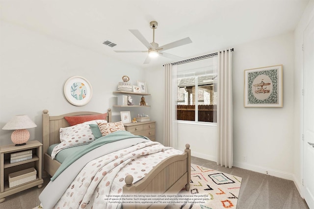 carpeted bedroom featuring ceiling fan