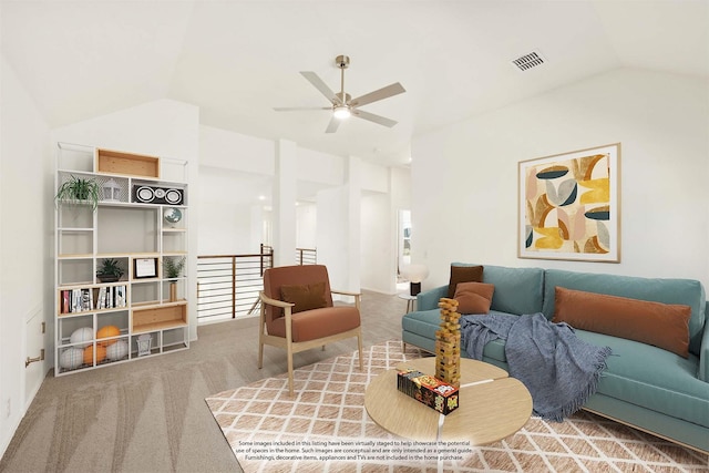 living room with carpet flooring, ceiling fan, and lofted ceiling