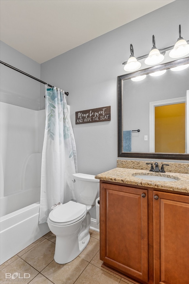 full bathroom with shower / tub combo with curtain, tile patterned flooring, vanity, and toilet