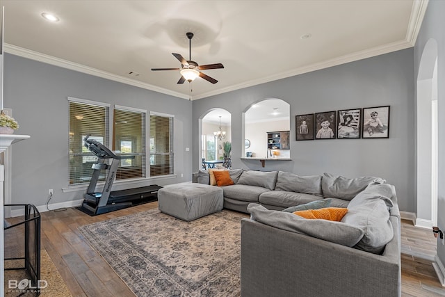 living room with wood-type flooring, ceiling fan with notable chandelier, and ornamental molding