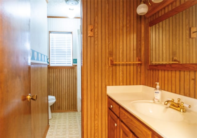 bathroom featuring wood walls, vanity, and toilet