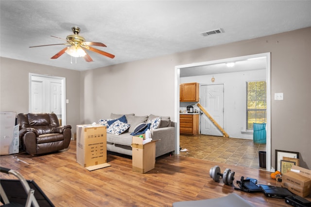 living room with wood-type flooring, ceiling fan, and a textured ceiling