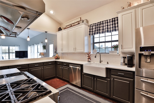 kitchen with stainless steel appliances, vaulted ceiling, plenty of natural light, and sink