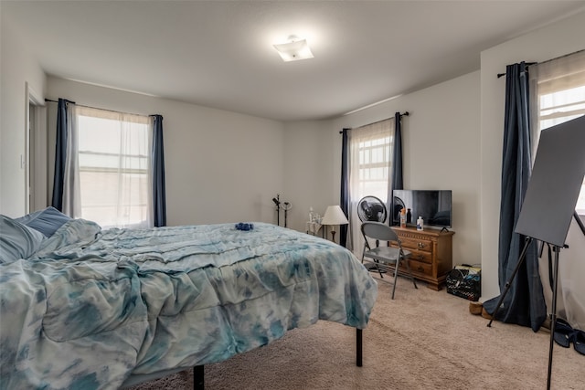 bedroom with light colored carpet and multiple windows