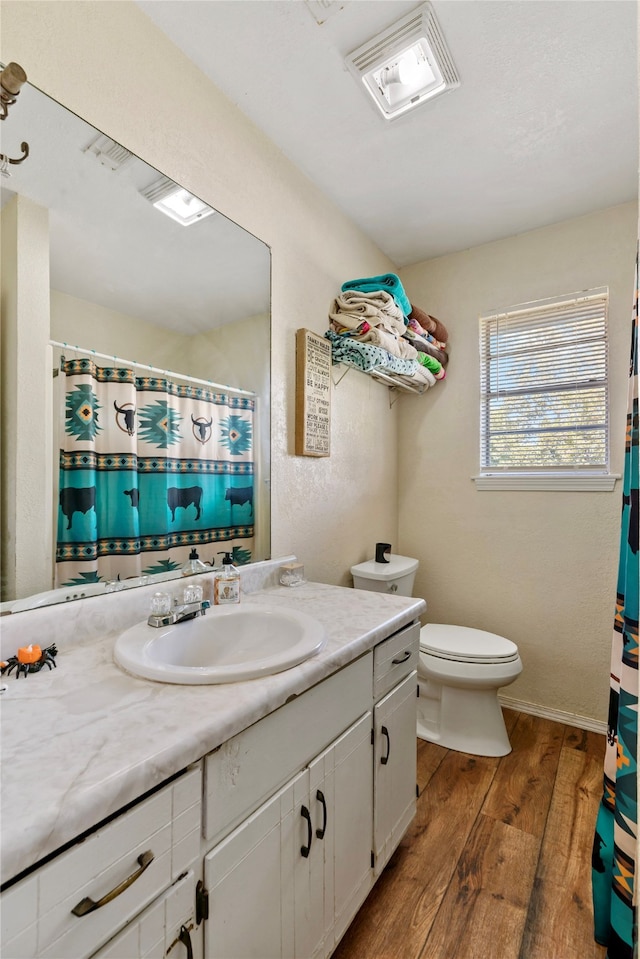 bathroom with wood-type flooring, vanity, and toilet