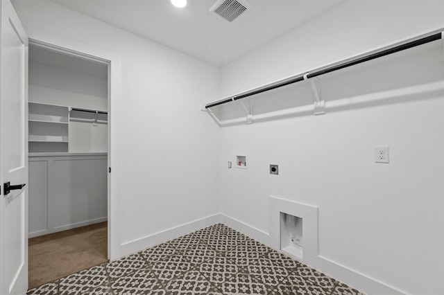 laundry area with carpet floors, electric dryer hookup, and hookup for a washing machine