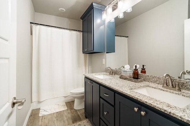 full bathroom featuring a sink, toilet, double vanity, and wood finished floors