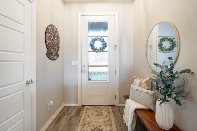 doorway featuring a healthy amount of sunlight, baseboards, and wood finished floors