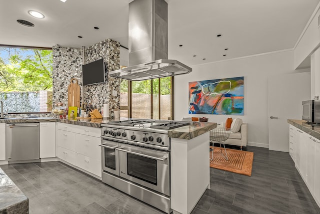 kitchen with sink, kitchen peninsula, island exhaust hood, white cabinetry, and stainless steel appliances