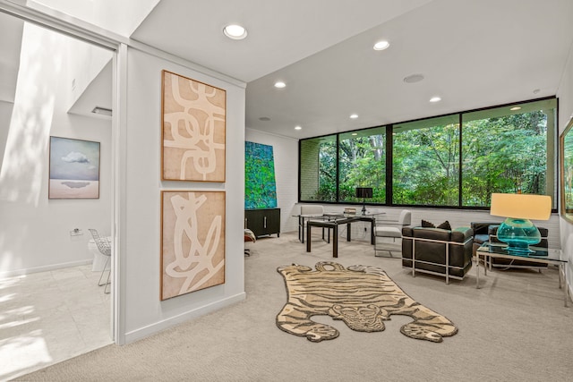 carpeted living room with a wall of windows