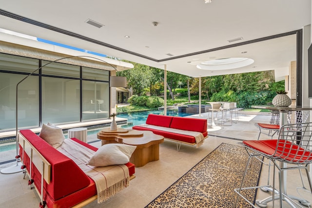 view of patio / terrace with outdoor dining space, an outdoor pool, outdoor lounge area, and visible vents