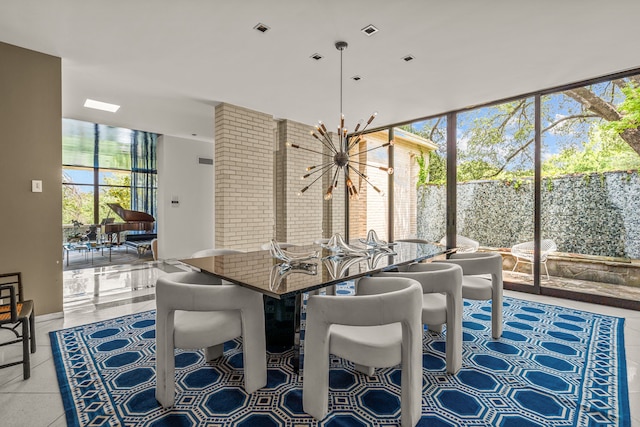 tiled dining area with expansive windows, visible vents, and a notable chandelier