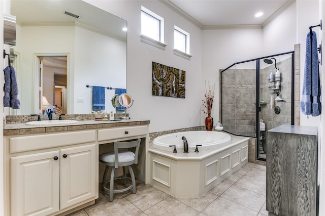 bathroom featuring vanity, ornamental molding, tile patterned floors, and separate shower and tub