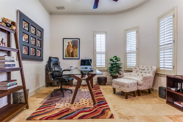 office space featuring ornamental molding and ceiling fan