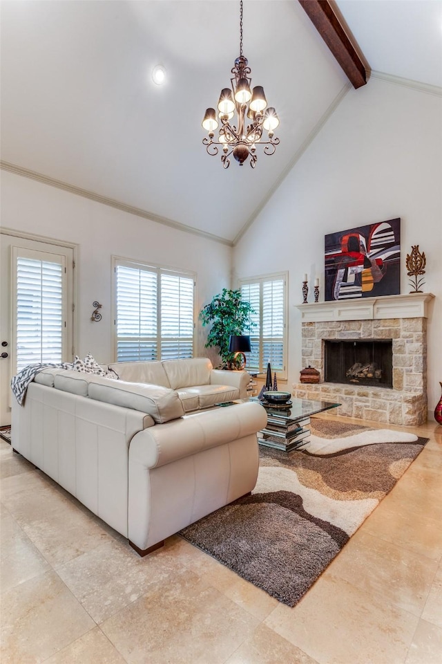 living room with plenty of natural light, beam ceiling, high vaulted ceiling, and a stone fireplace