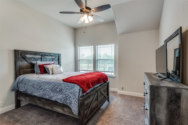 carpeted bedroom featuring lofted ceiling and ceiling fan