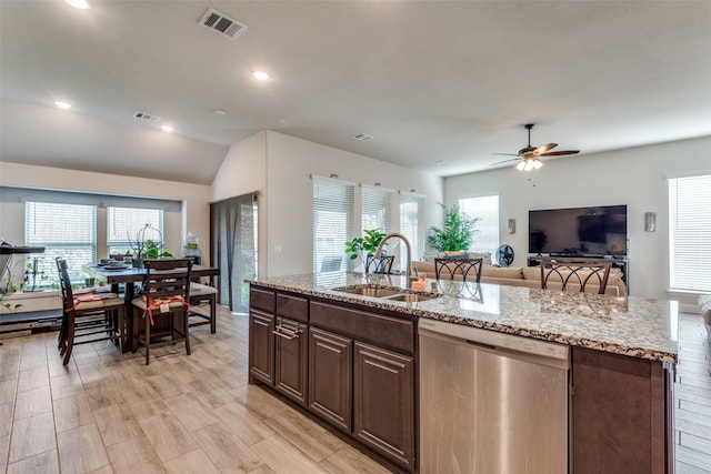 kitchen featuring ceiling fan, dishwasher, plenty of natural light, and sink