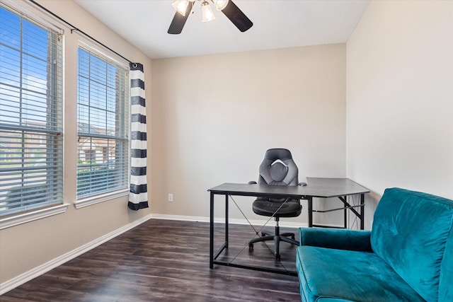 office space with ceiling fan, dark hardwood / wood-style flooring, and a healthy amount of sunlight