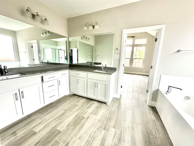 bathroom featuring vanity, plus walk in shower, and hardwood / wood-style flooring