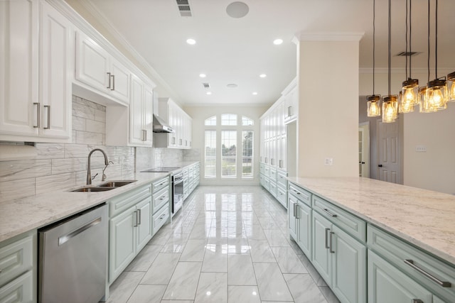 kitchen featuring range hood, dishwasher, sink, and white cabinetry