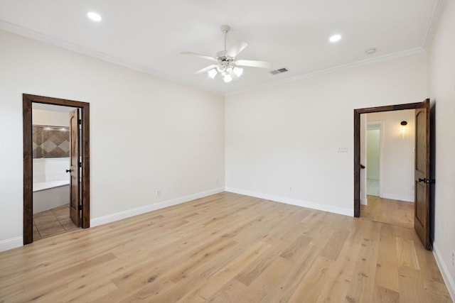 unfurnished bedroom featuring ceiling fan, ornamental molding, connected bathroom, and light hardwood / wood-style floors