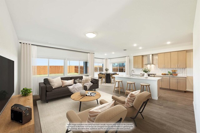 living room with hardwood / wood-style floors and sink