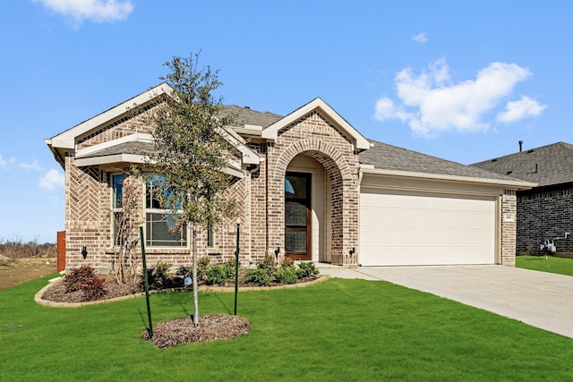 view of front of home with a front lawn and a garage