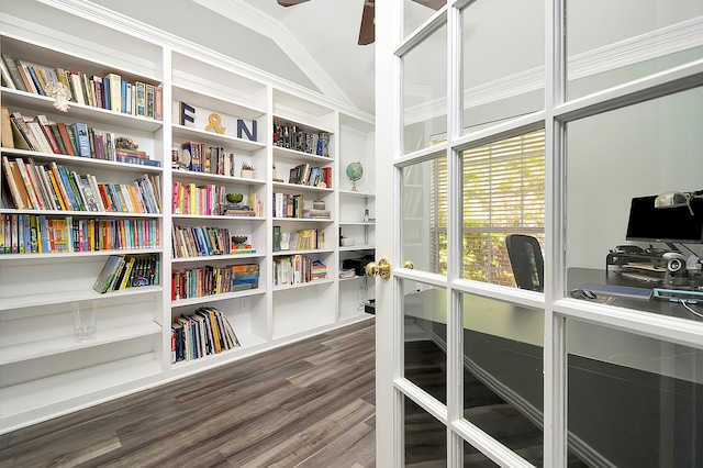 office area featuring ceiling fan, crown molding, and dark hardwood / wood-style flooring