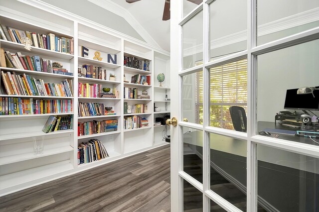 home office with ornamental molding, vaulted ceiling, and hardwood / wood-style flooring