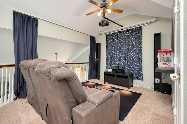 carpeted living room featuring vaulted ceiling and ceiling fan