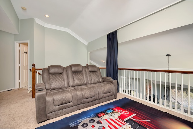 living room featuring vaulted ceiling, carpet flooring, and crown molding