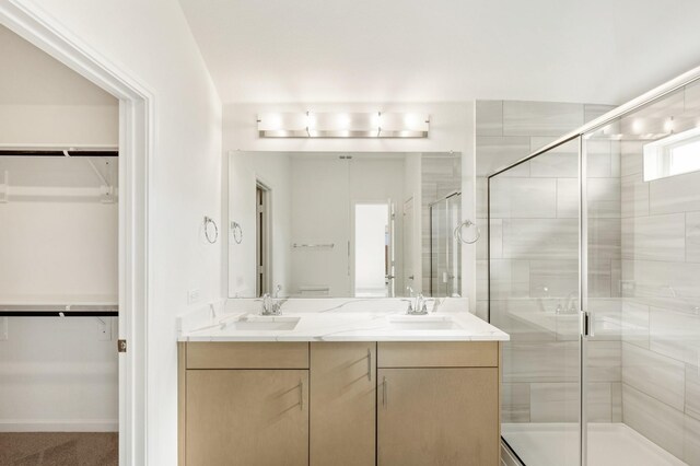 bathroom featuring vanity and a shower with shower door