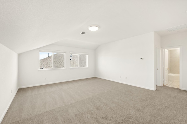 additional living space featuring light carpet and vaulted ceiling