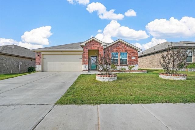 view of front facade featuring a front lawn, an attached garage, brick siding, and concrete driveway