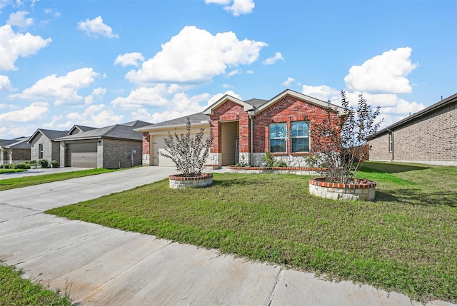 single story home with brick siding, concrete driveway, a garage, and a front lawn