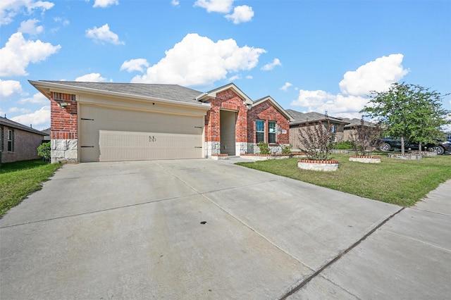 ranch-style home featuring stone siding, driveway, a front yard, brick siding, and a garage