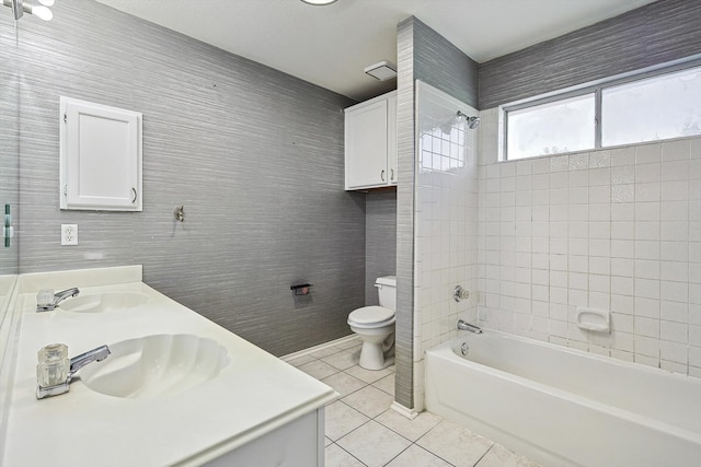 full bathroom featuring vanity, toilet, shower / bath combination, and tile patterned floors