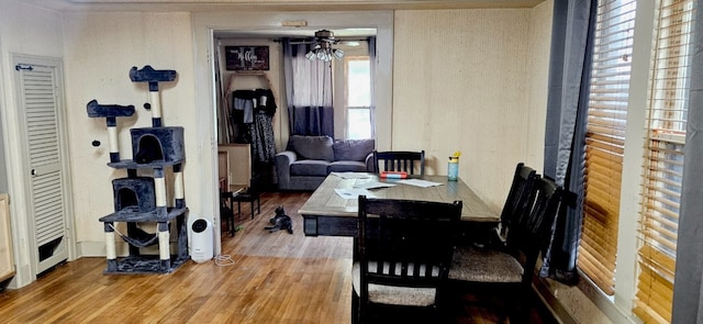 dining area featuring wood-type flooring and ceiling fan