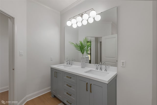 bathroom featuring crown molding, vanity, and wood-type flooring