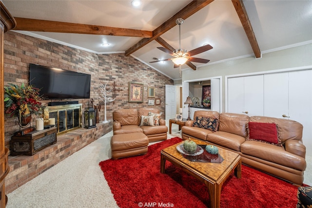 living room with vaulted ceiling with beams, ornamental molding, and ceiling fan