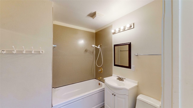 full bathroom with washtub / shower combination, vanity, and toilet